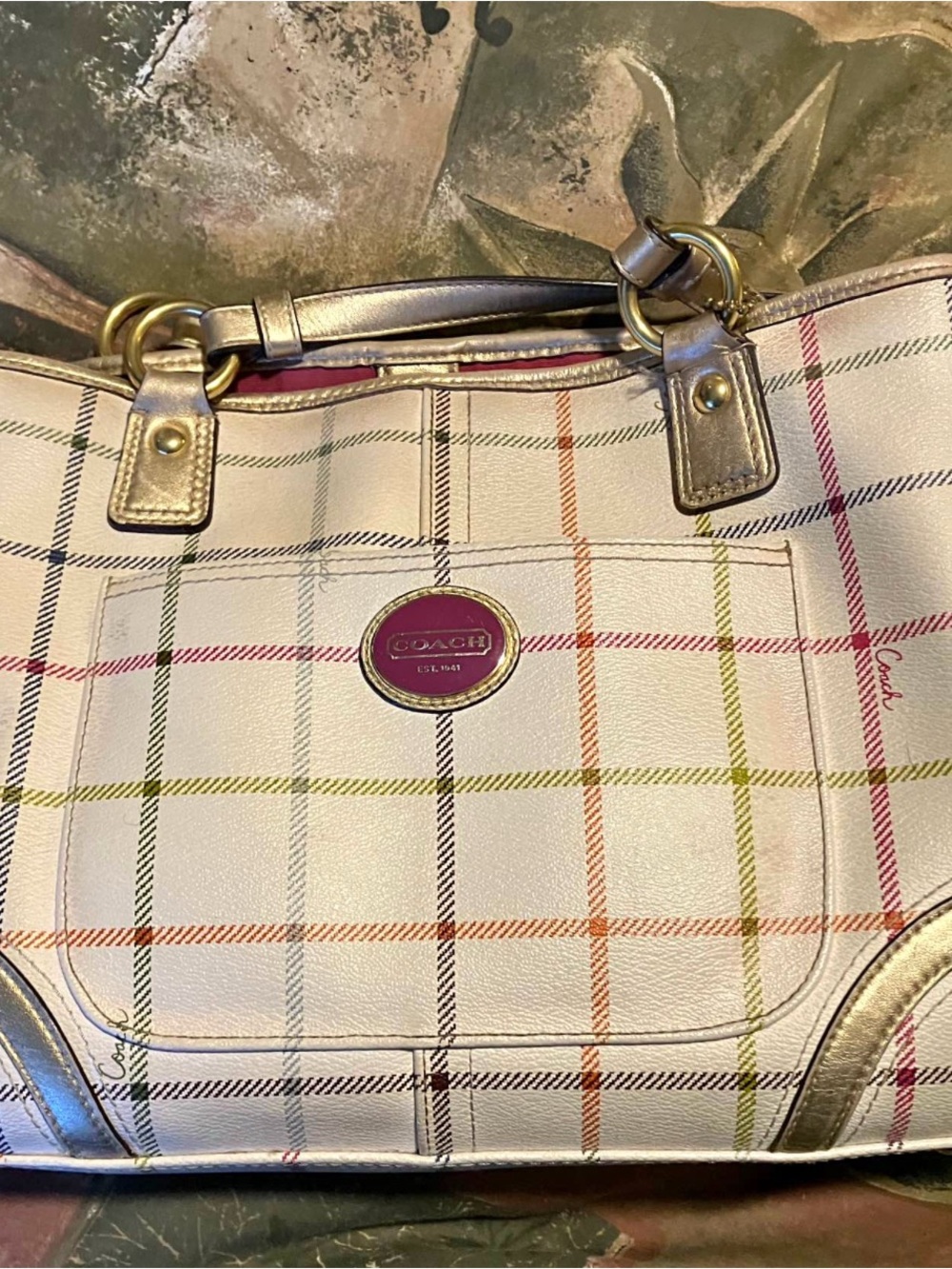 Coach Cream Plaid Leather Tote with Metallic Gold Accents
